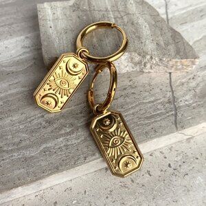 NEW~ Anthropologie Sun Moon Tarot Card Charm Huggie Hoop Earrings